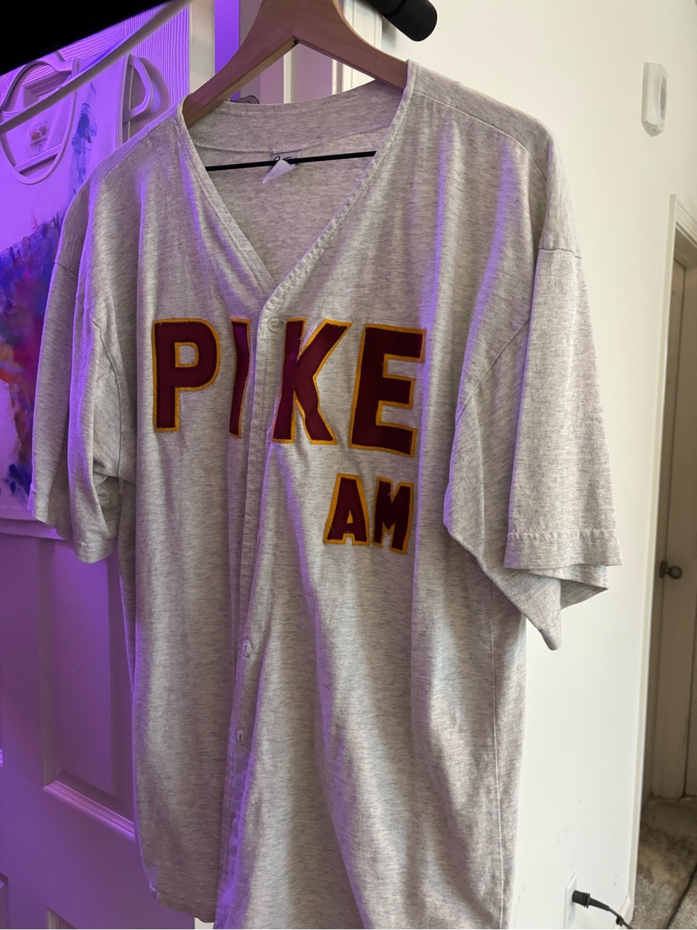 PIKE AM Baseball-Style Jersey Tee — Gray with Maroon & Gold Letters